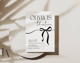 Black Bow 13th Birthday Invitation: Coquette Party Invite Digital Download