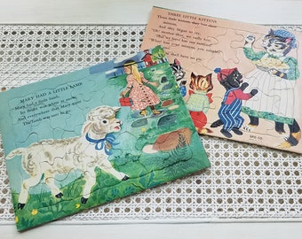 Vintage Nursery Rhyme Puzzles Set of 2 By SIFO Co. 1956, Mary Had A Little Lamb and Three Little Kittens, Animal Wall Art For Child's Room