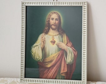 Vintage Jesus Sacred Heart Print in White Embossed Wood Frame 9" x 11" Religious Wall Art