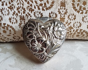 Vintage Silver Plated Heart Jewelry Trinket Box By International Silver Company 1994, Metal Embossed Floral Keepsake