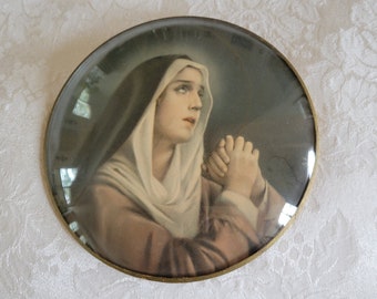 Vintage Virgin Mary Praying Art Print In Convex Bubble Glass By Peter Watson Studio, Religious Blessed Mother Madonna