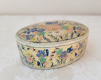 Vintage Floral Lacquer Box Oval Decorative Storage Made in India, Bohemian Hippie Garden Flowers
