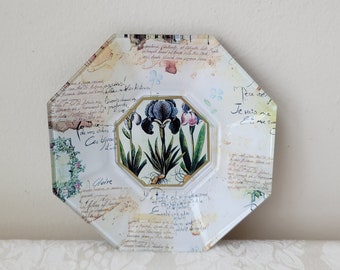 Decoupage Botanical Glass Plate Octagonal Irises Flowers by Marye-Kelley Vintage 2004 Handmade In USA