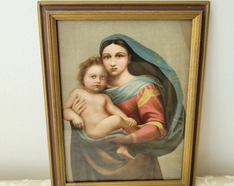 Vintage Virgin Mary Jesus Wall Art Print By Raphael Titled "Sistine Madonna" In Beveled Wood Frame, Blessed Mother, Religious Catholic