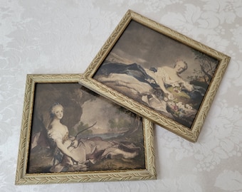 Vintage French Woman Portrait Wall Art Prints Set of 2 In Embossed Wood Frames of Diana and Flora by Jean-Marc Nattier