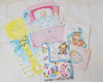 Vintage Baby Greeting Cards Lot of 5 Used 1957 1950s Pastels Paper Ephemera For Scrapbooking & Crafts