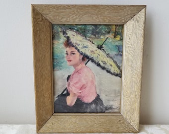 Vintage French Woman Parasol Portrait Wall Art Print By Pal Fried In Textured Gold White Wood Frame By Reliance, Mid Century Glam