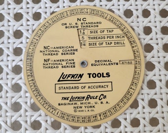 Vintage Lufkin Tools Standard Of Accuracy For Screw Threads 1935 Tap Drill Sizes Rotating Dial Chart Card