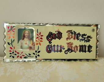 Vintage "God Bless Our Home" Glass Foil Mirror Religious Wall Art Plaque Sign With Scalloped Edge, Jesus Sacred Heart, House Blessing