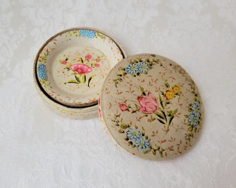 Vintage Round Coasters Floral Paper Mache Set of 4 In Box Made in Japan,  Shabby Cottage Bohemian Flowers