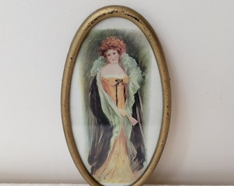 Antique Redhead Woman Edwardian Wall Art Print In Gold Metal Oval Frame