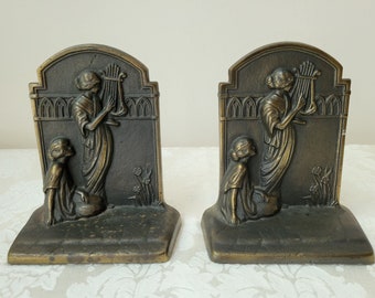 Antique Hubley Iron Bookends Greek Goddess Playing Lyre No. 328, Neoclassical Art Nouveau With Fabulous Patina