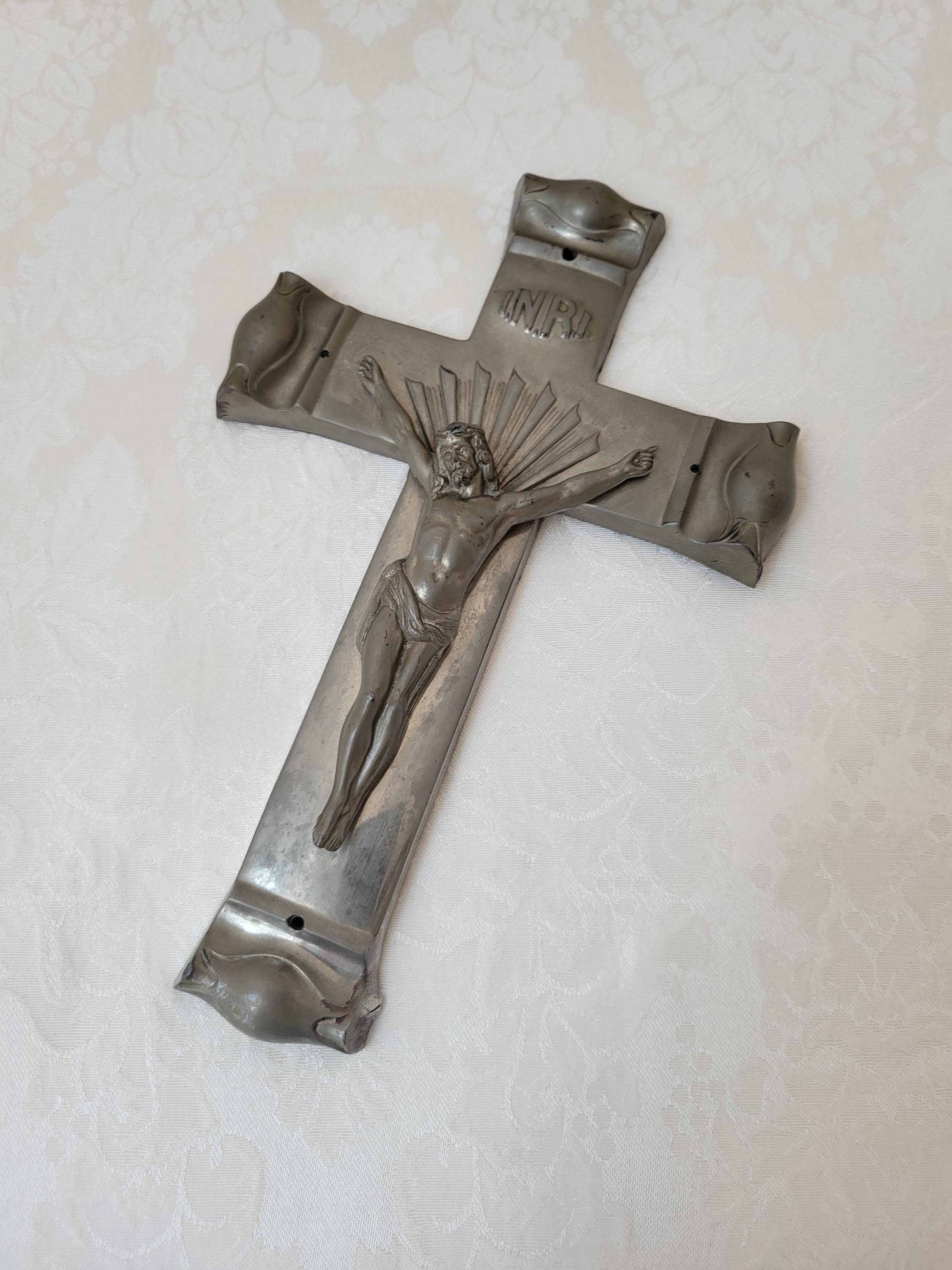 Vintage Crucifix Wall Cross Jesus Christ INRI Silver Metal