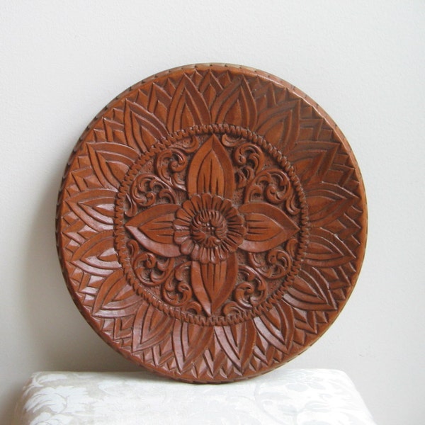 Vintage Carved Wood Wall Art, Large Round Plate Possibly From Thailand Or Indonesia, Bohemian Tribal Decor