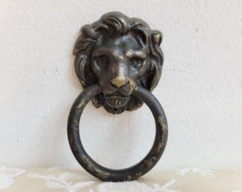 Vintage Lion Head Brass Metal Drawer Pull Ring Handle With Patina, Wild Jungle Animal, Leo Zodiac Sign, Salvage Hardware Art Supplies