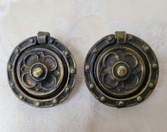 Vintage Brass Drawer Pulls Round Ring Handles With Quatrefoil Centers Pair Set of 2, Salvage Hardware