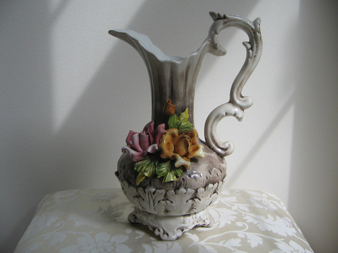 Vintage Capodimonte Pitcher Vase Porcelain Italy Floral Roses Etsy