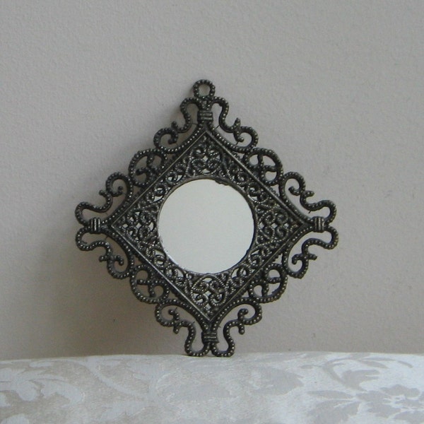 Vintage Small Wall Mirror Antique Brass Black Metal With Ornate Scrolls by E.A. Riba Co. Inc., Gothic Steampunk Gallery Wall Accent