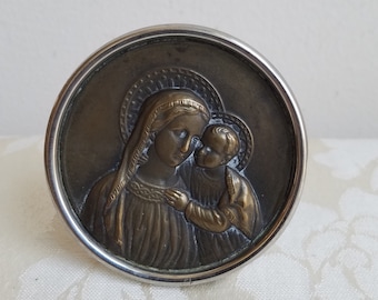 Vintage Madonna Jesus Virgin Mary Blessed Mother Religious Icon Brass Medallion In Silver Metal Round Frame With Self Easel, Made in Germany