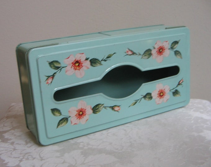 Vintage Metal Kleenex Tissue Box Holder Pale Aqua With Pink Flowers