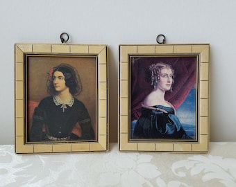 Vintage Portrait Woman Framed Art Prints Set of 2 In Beige Carved Gesso On Wood, Gothic Medieval Women Ladies, West Berlin Germany