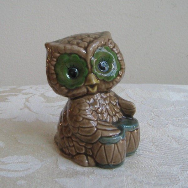 SALE Vintage Brown Owl Ceramic Statue Figurine, Drummer Bongo Drums, Green Eyes Bird, Made in Japan, So CUTE