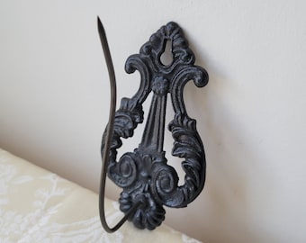 Antique Iron Wall Hook Spike Receipt Holder, Ornate Black Metal Mercantile Hardware