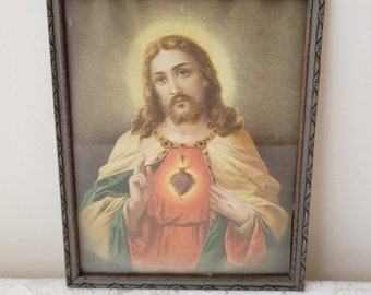 Vintage Jesus Sacred Heart Old Lithograph Wall Art Print in Gray Carved Wood Frame