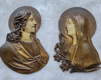 Vintage Jesus & Mary Metal Wall Plaques Pair Set Gold White Enamel With Patina, Catholic Religious Decor Made in USA