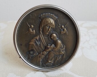 Vintage Our Lady of Perpetual Help Madonna Jesus Religious Icon Brass Medallion In Silver Metal Round Frame With Easel, Made in Germany