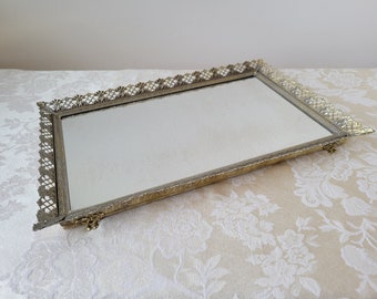 Vintage Gold Vanity Tray Mirror Ornate Metal Filigree Embossed 9.5 x 14.5 Rectangle, Mid Century Hollywood Regency