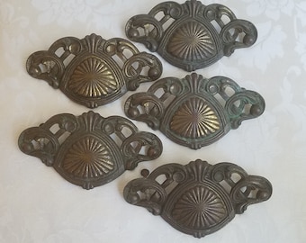 Antique Keeler Brass Drawer Pulls K-7865 Ornate Victorian Lot Set of 5 With Beautiful Patina, Furniture Restoration, Salvage Metal Hardware