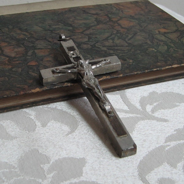 Vintage Silver Metal Crucifix Large Pendant Jesus On Cross With Wood Inlay, Religious Goth Reversible Jewelry