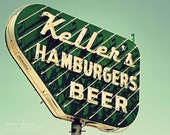 kitchen decor vintage sign midcentury modern neon retro geek aqua green ultramarine - Keller 39 s Hamburgers Beer - Art Photography