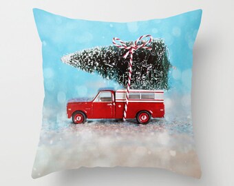 Holiday Decor Pillow Cover - Chevy Truck Christmas - modern decor, photo pillow, throw pillow, Volkswagon, aqua, white, red, snow, glitter