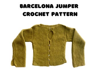 May include: A mustard-colored crochet jumper with long sleeves and a button-up front. The text "BARCELONA JUMPER CROCHET PATTERN" is displayed above the jumper. The design is by Nina Dello.