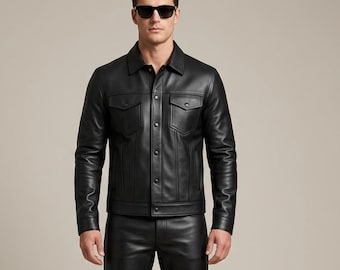 Conjunto de chaqueta y pantalón de piel de oveja negra para hombre: traje de motociclista urbano