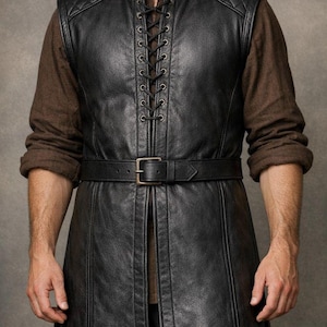 Men's Black Leather Medieval Tunic Vest, Lace-Up Viking Warrior Jerkin