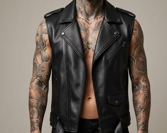 Men’s Black Leather Biker Vest | Sleeveless Moto Style Zip-Front Vest with Belt
