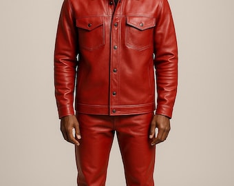 Herren Red Schafleder Shirt Jacke & Hose Set: Biker Streetwear Anzug