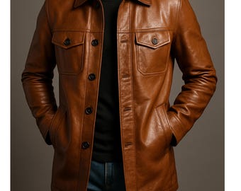 Handmade Brown Genuine Leather Trench Coat: Vintage Western Cowboy Style
