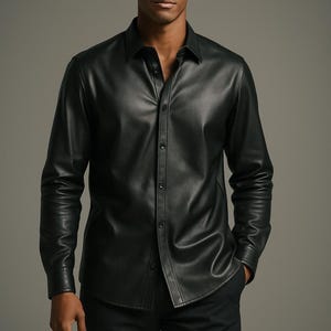 May include: Black leather shirt with a button-down front and long sleeves. The shirt features a classic collar and is worn with black trousers. The shirt is made of a smooth, shiny material. The model is wearing the shirt and trousers.