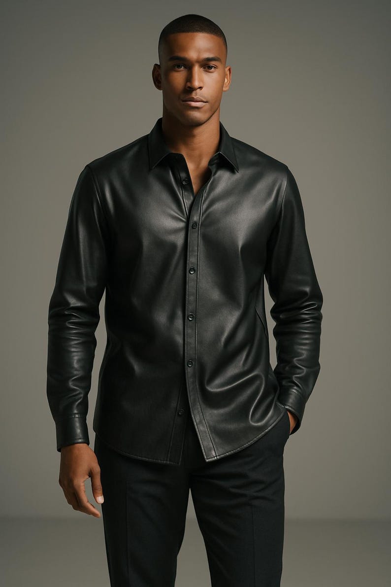 May include: Black leather shirt with a button-down front and long sleeves. The shirt features a classic collar and is worn with black trousers. The shirt is made of a smooth, shiny material. The model is wearing the shirt and trousers.