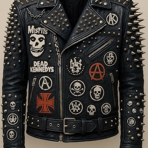 Puede incluir: Chaqueta de cuero negro con tachuelas y púas plateadas. Presenta parches con calaveras, logotipos de bandas y los textos "Misfits" y "Dead Kennedys". Incluye cinturón y cierre de cremallera.