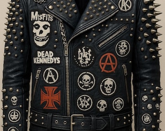 Men’s Punk Rock Studwork Jacket – Spiked Leather, Gothic Patches, Dead Kennedys, Skull Details