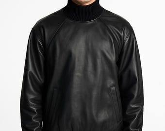 Handmade Black Sheep Leather Jumper: Ribbed Knit Collar, Minimalist Pullover