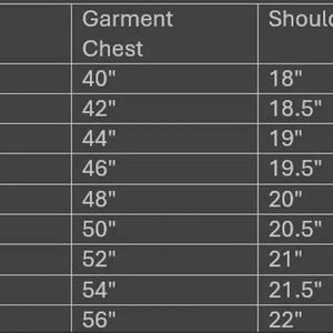 May include: A size chart with measurements for clothing, including actual body chest, garment chest, shoulder, and half sleeves. Sizes range from XS to 5XL, with measurements in inches.