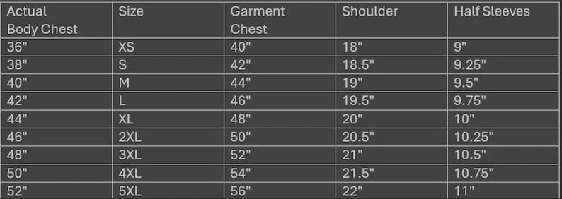 May include: A size chart with measurements for clothing, including actual body chest, garment chest, shoulder, and half sleeves. Sizes range from XS to 5XL, with measurements in inches.