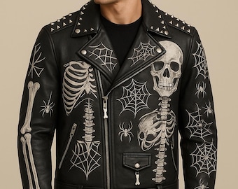 Custom Studded Black Leather Biker Jacket – Printed Skull & Spine Back Design – Gothic Punk Rock Moto Coat for Men