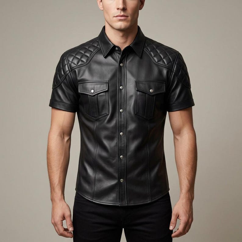 Men's Black Leather Quilted Shoulder Short Sleeve Shirt, Biker Style Snap Button Top image 5